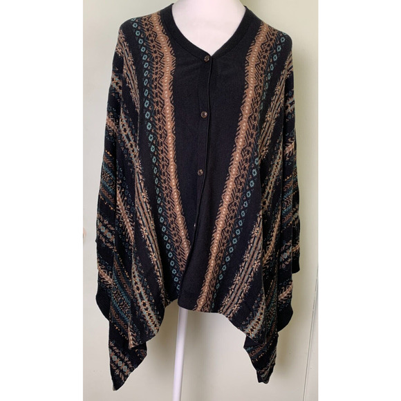 J Jill Black Brown Teal Fair Isle Aztec Poncho Pullover Sweater One Size - Picture 2 of 10